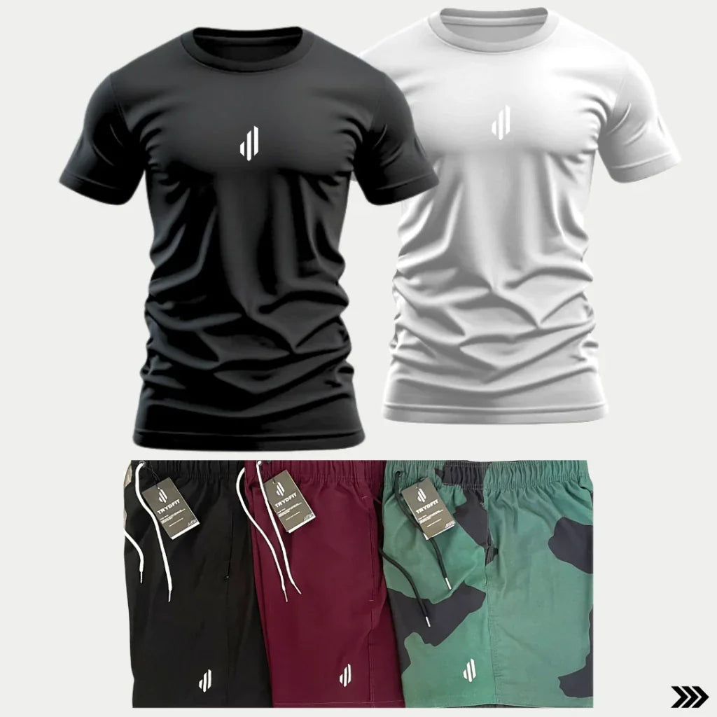 Kit de camisetas esportivas preta e branca e shorts fitness em diversas cores, moda fitness masculina.