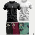Kit de camisetas esportivas preta e branca e shorts fitness em diversas cores, moda fitness masculina.