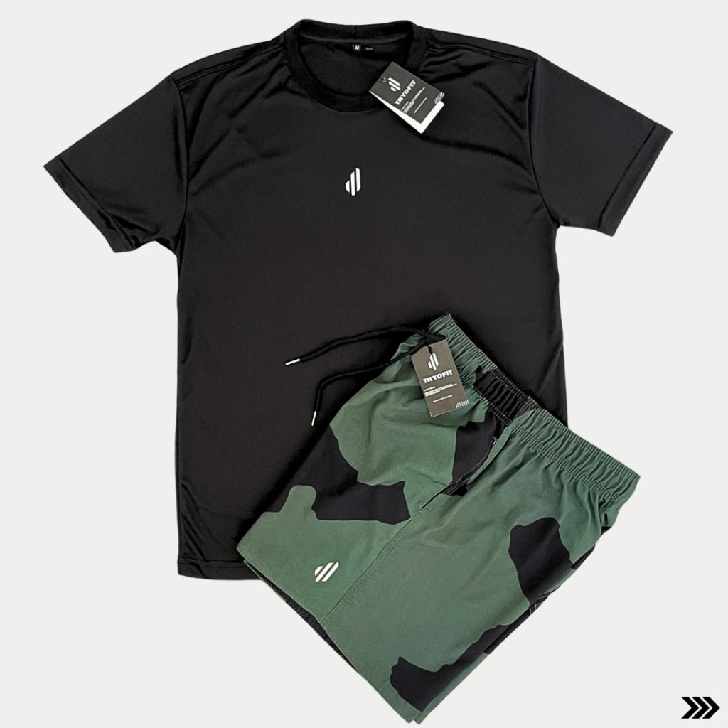 KIT CAMISETA PRETA + SHORT CAMUFLADO GREEN