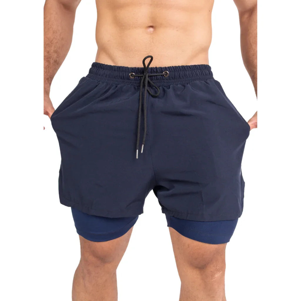 Shorts masculino marinho com compressão, ideal para treino e moda fitness, cintura elástica.